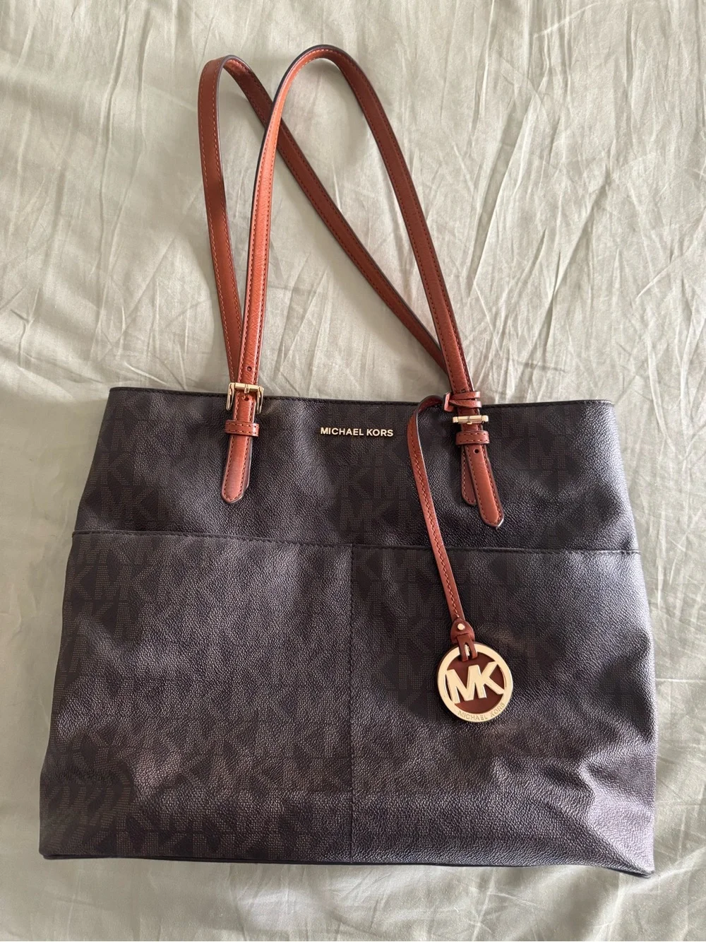 Michael Kors Brown Signature MK Tote with Tan Leather Straps